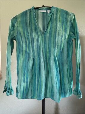 LIZ & Co. Watercolor Blue & Green Striped Long-Sleeve V-Neck Women’s Top M